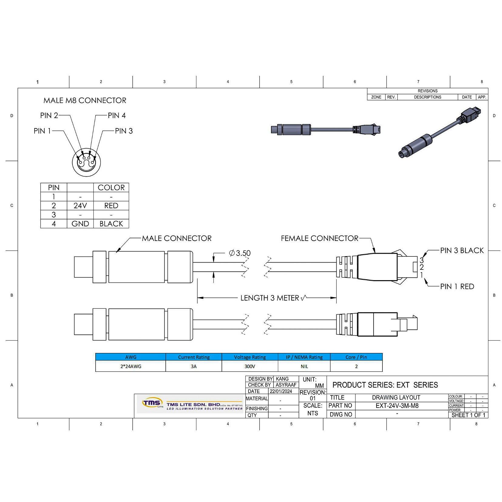 EXT-24V-3M-M8